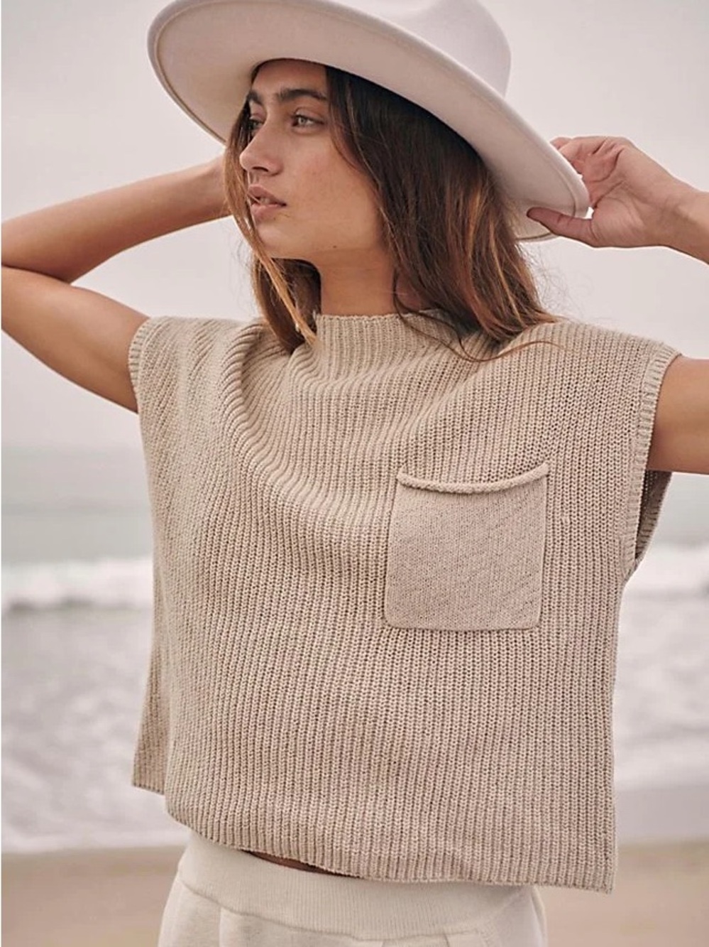 Free People Freya Sweater Sleeveless Top in Beige with pocket